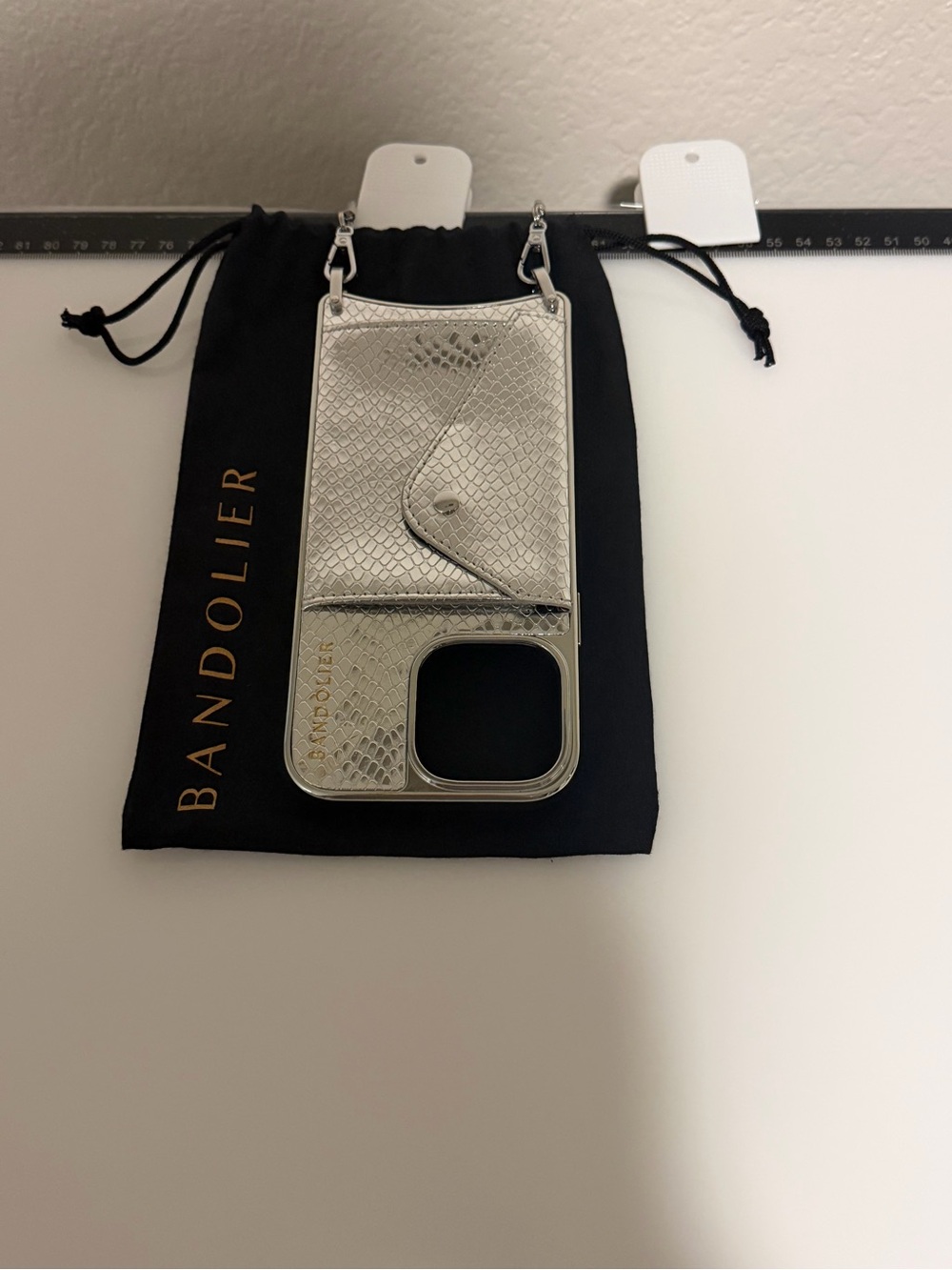 Bandolier Gia Chrome Crossbody Silver Leather Cardholder Phone 16 Pro Max Case